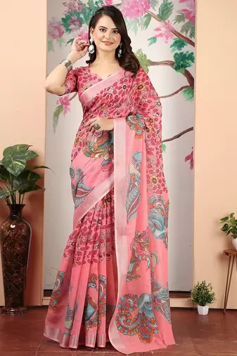peach printed pure cotton peach saree with blouse