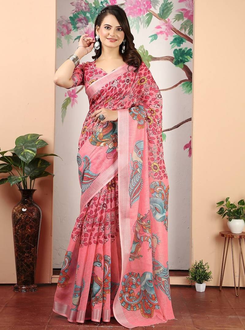peach printed pure cotton peach saree with blouse