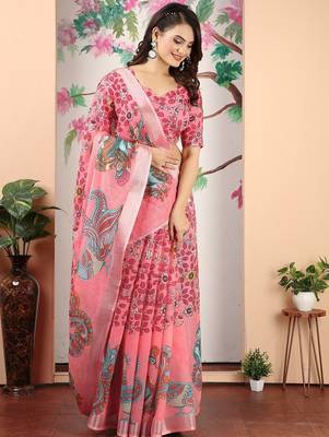 peach printed pure cotton peach saree with blouse 4