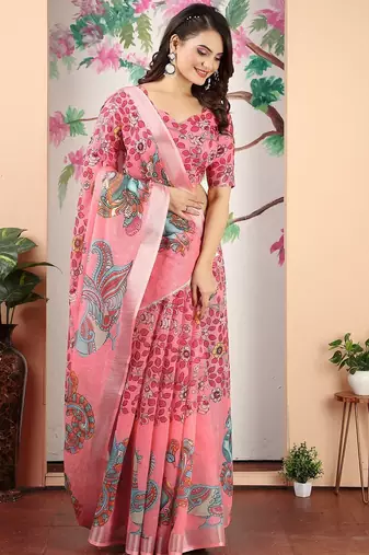 peach printed pure cotton peach saree with blouse