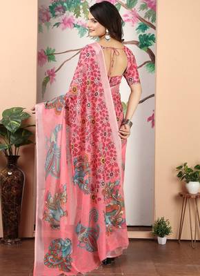 peach printed pure cotton peach saree with blouse 5