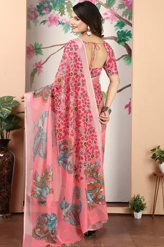peach printed pure cotton peach saree with blouse