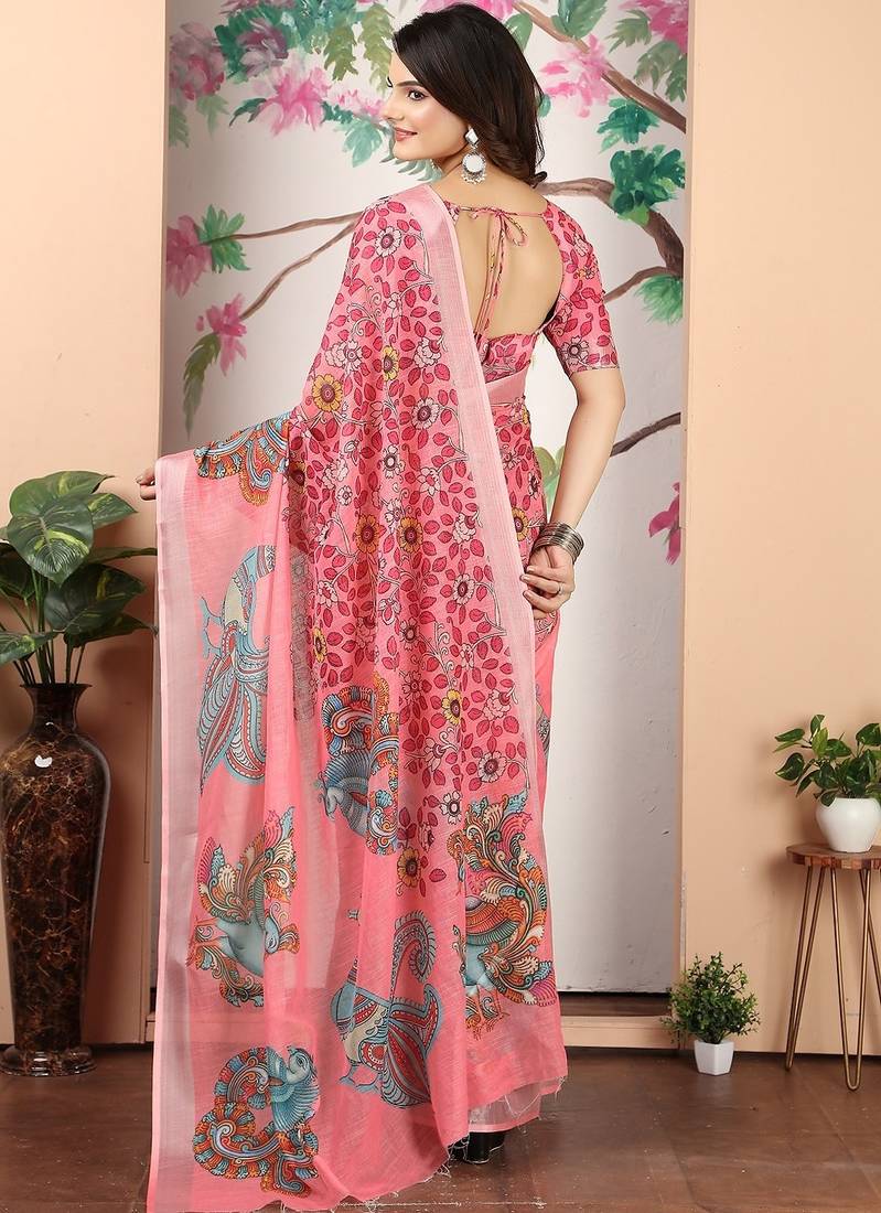 peach printed pure cotton peach saree with blouse