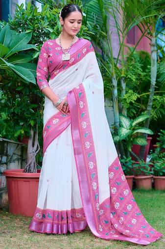 white printed pure cotton white, pink saree with blouse