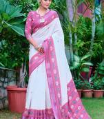 white printed pure cotton white, pink saree with blouse