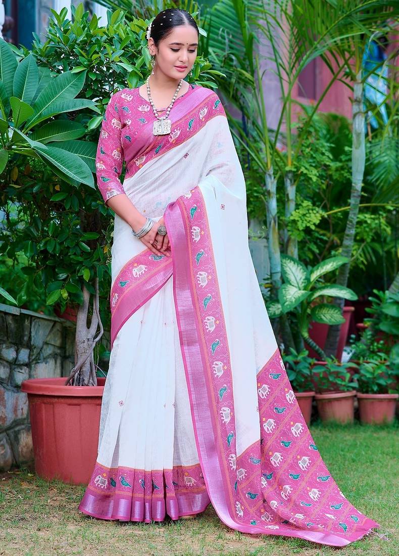 white printed pure cotton white, pink saree with blouse
