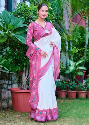 white printed pure cotton white, pink saree with blouse 3