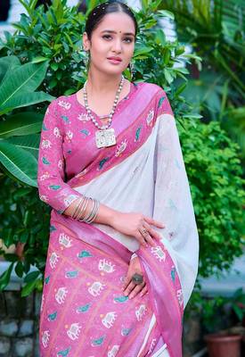 white printed pure cotton white, pink saree with blouse 5