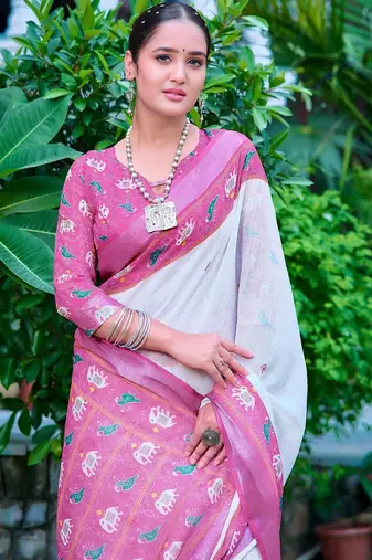 white printed pure cotton white, pink saree with blouse