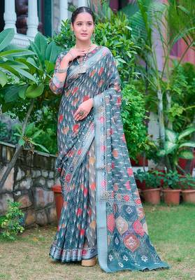 teal printed pure cotton teal green saree with blouse 1