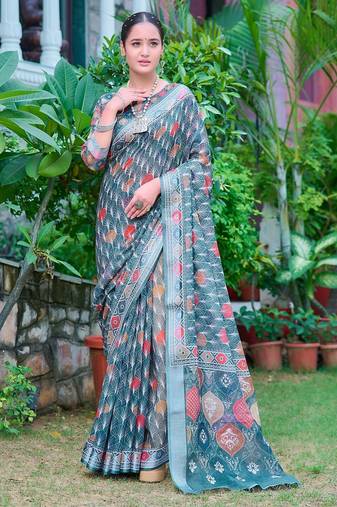 teal printed pure cotton teal green saree with blouse