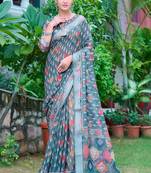 teal printed pure cotton teal green saree with blouse