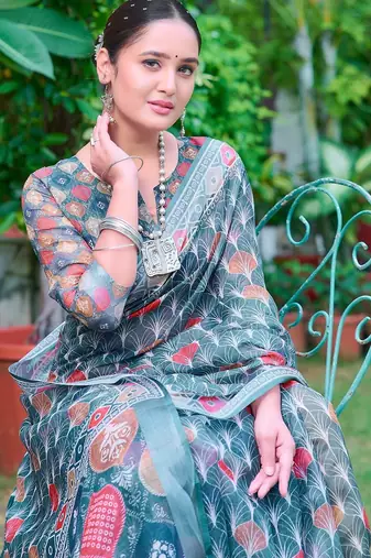 teal printed pure cotton teal green saree with blouse