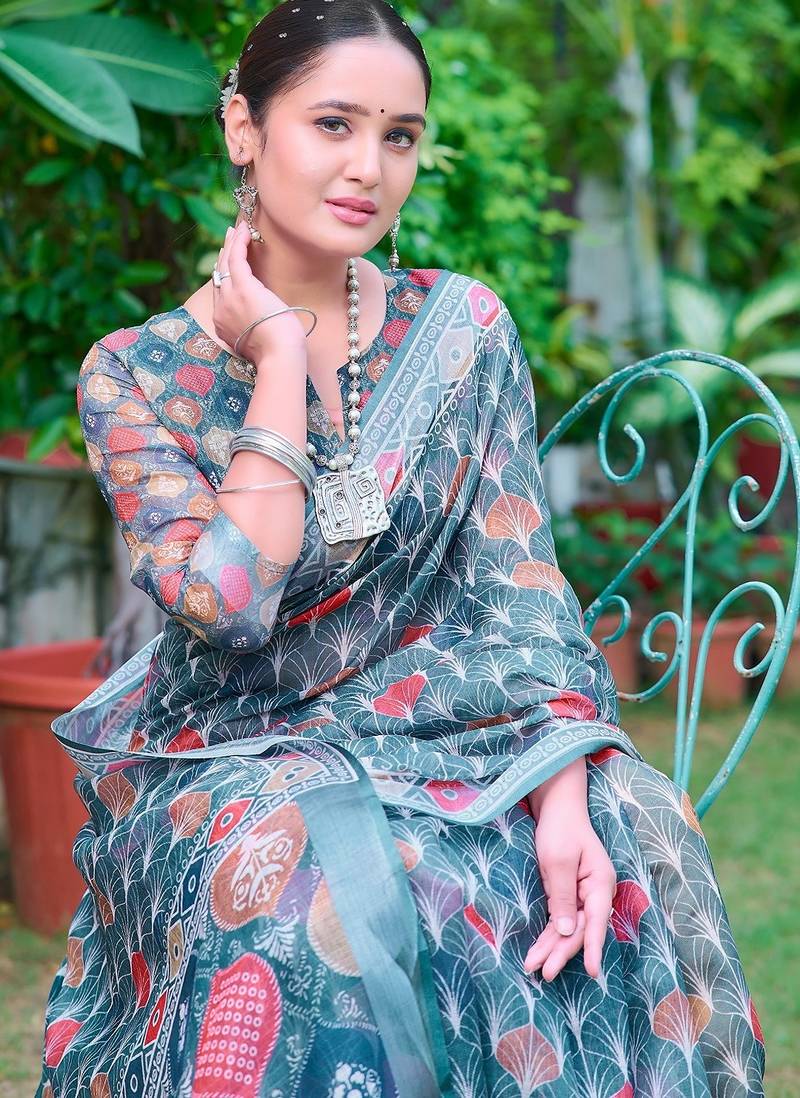 teal printed pure cotton teal green saree with blouse