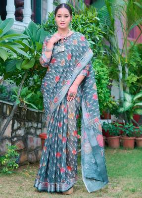 teal printed pure cotton teal green saree with blouse 3