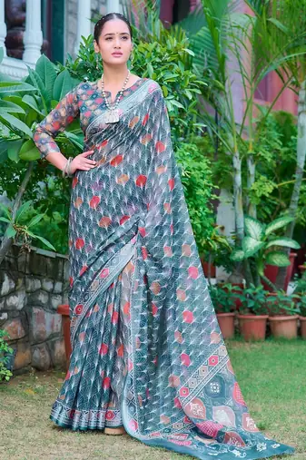 teal printed pure cotton teal green saree with blouse