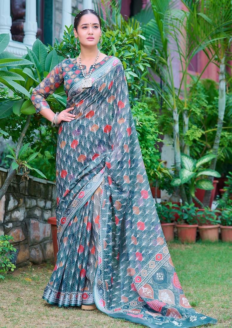 teal printed pure cotton teal green saree with blouse