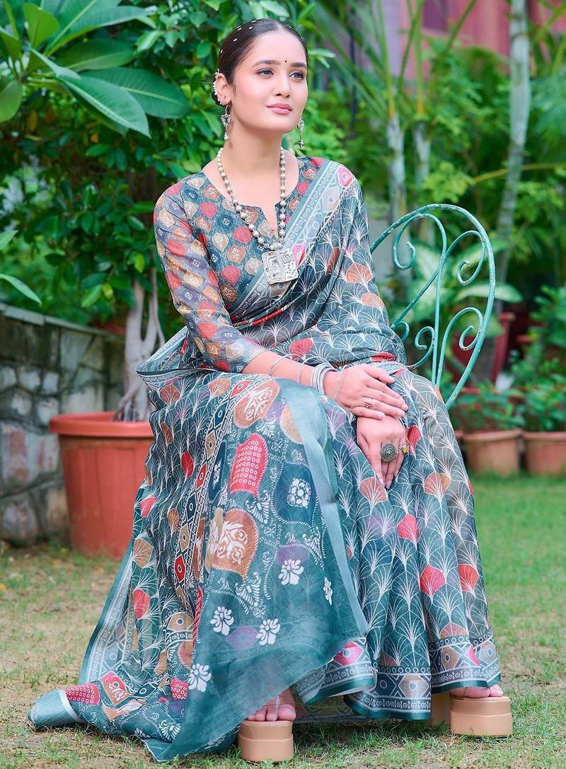 teal printed pure cotton teal green saree with blouse