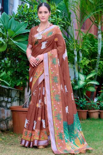 brown printed pure cotton brown saree with blouse