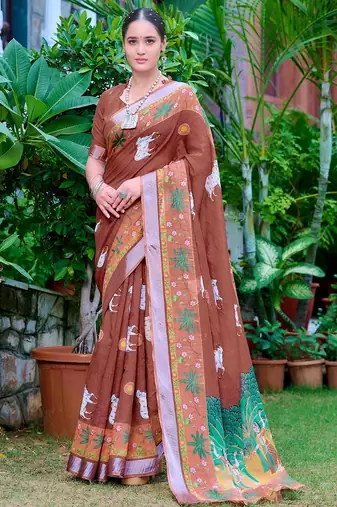 brown printed pure cotton brown saree with blouse