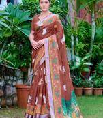 brown printed pure cotton brown saree with blouse