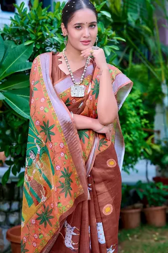 brown printed pure cotton brown saree with blouse