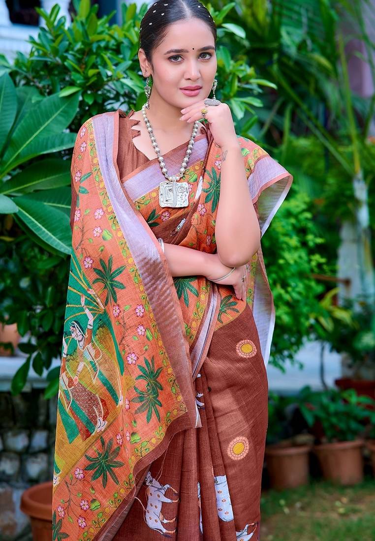 brown printed pure cotton brown saree with blouse