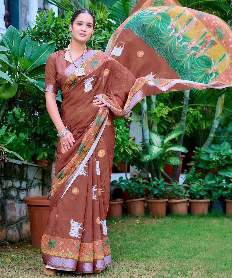 brown printed pure cotton brown saree with blouse