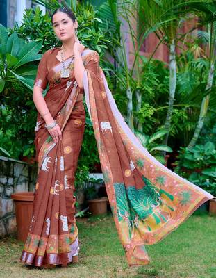 brown printed pure cotton brown saree with blouse 4