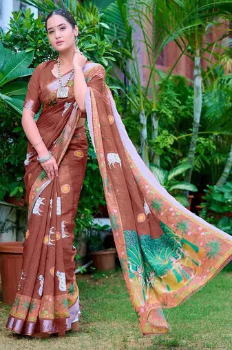 brown printed pure cotton brown saree with blouse