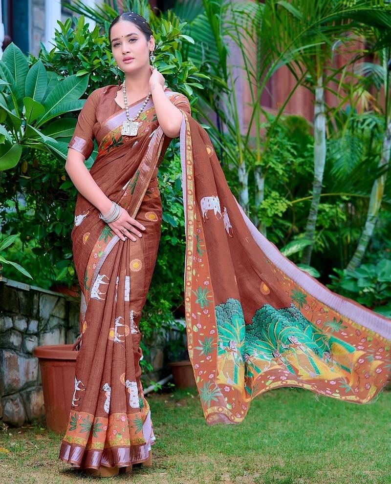 brown printed pure cotton brown saree with blouse