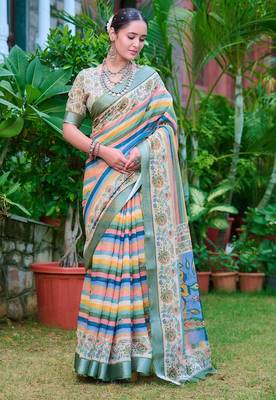 multicolor printed pure cotton multicolor saree with blouse 1