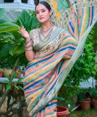 multicolor printed pure cotton multicolor saree with blouse 2