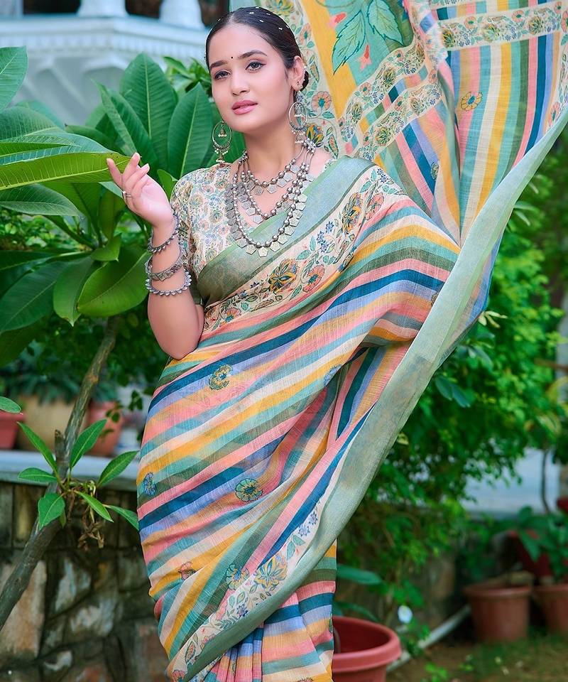 multicolor printed pure cotton multicolor saree with blouse