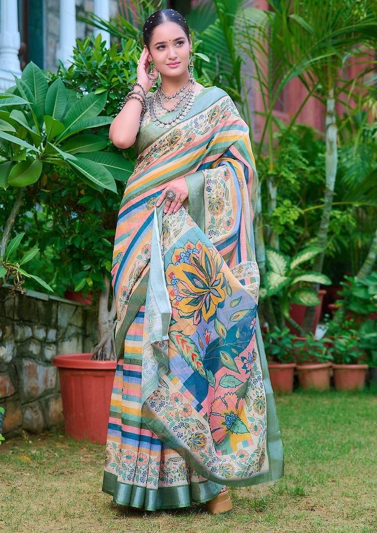 multicolor printed pure cotton multicolor saree with blouse
