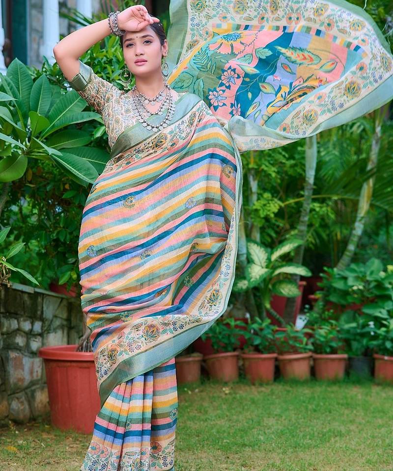 multicolor printed pure cotton multicolor saree with blouse