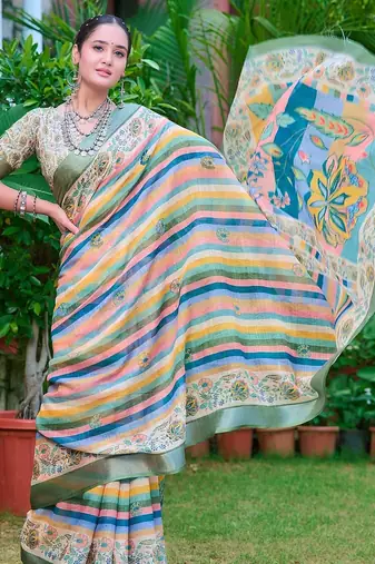 multicolor printed pure cotton multicolor saree with blouse