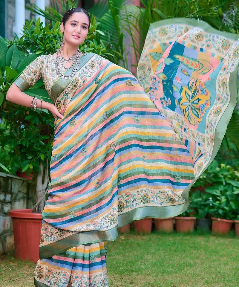 multicolor printed pure cotton multicolor saree with blouse