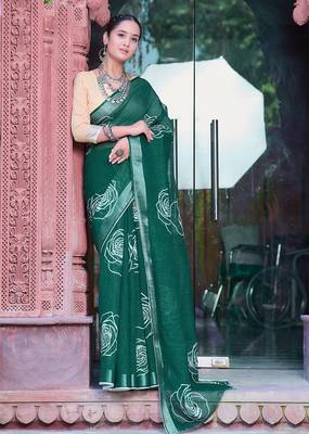 green printed pure cotton green saree with blouse 1
