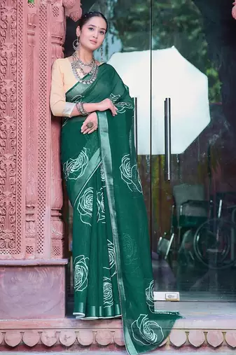 green printed pure cotton green saree with blouse