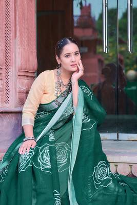 green printed pure cotton green saree with blouse 2