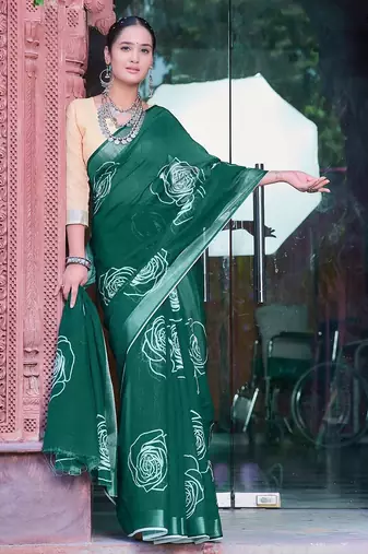 green printed pure cotton green saree with blouse
