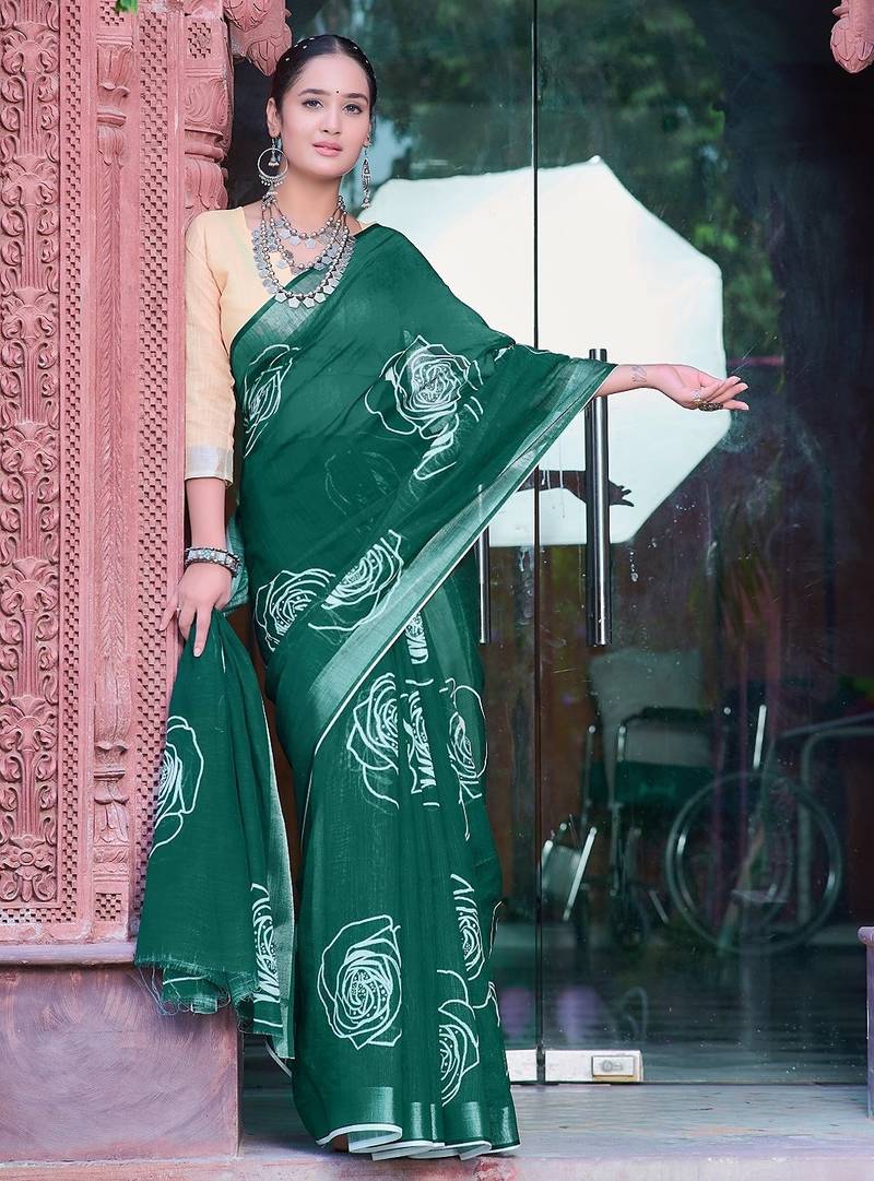 green printed pure cotton green saree with blouse