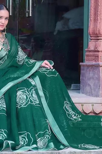 green printed pure cotton green saree with blouse