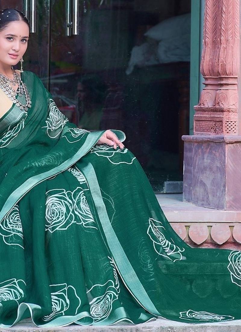 green printed pure cotton green saree with blouse