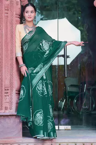 green printed pure cotton green saree with blouse