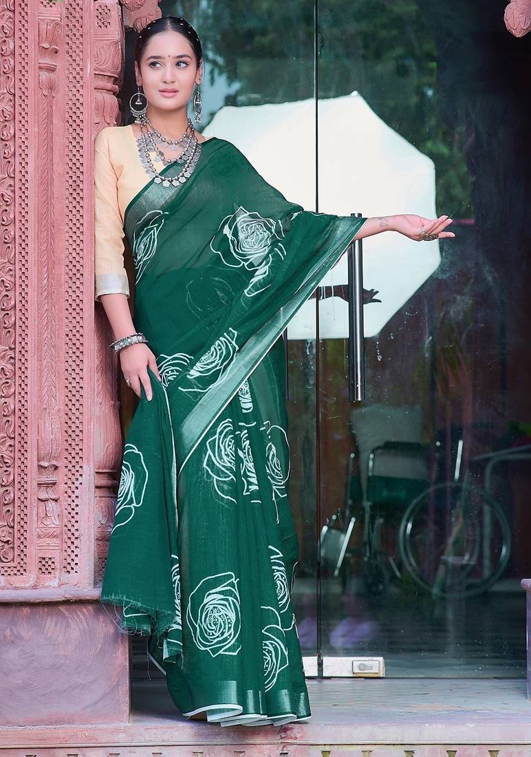 green printed pure cotton green saree with blouse