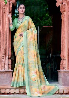 yellow printed pure cotton yellow, green saree with blouse 1