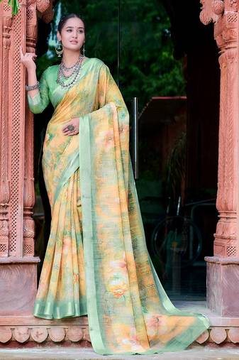 yellow printed pure cotton yellow, green saree with blouse