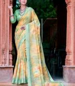 yellow printed pure cotton yellow, green saree with blouse